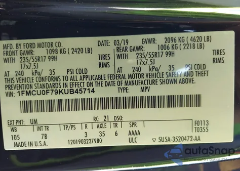 2019 Ford Escape S z USA, uszkodzony, nr VIN 1FMCU0F79KUB45714